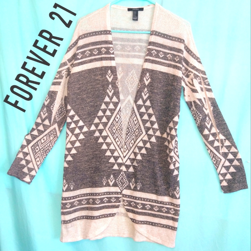 Forever 21 Knit Aztec Tribal Southwestern Open Cardigan neutral